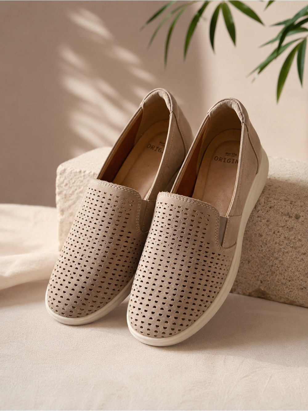 Earth Origins Perforated Slip-On Moccasins in Taupe Beige